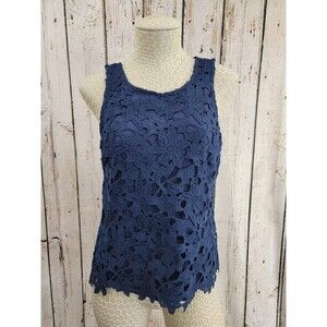 ALK Women's XS Saint Tropez West Navy Blue Crochet Overlay Tank Top Blouse Shirt